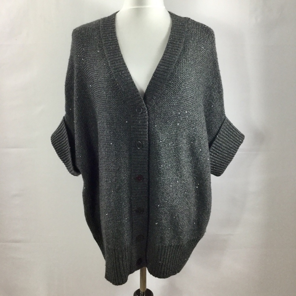 Talbots Gray Wool Blend Cardigan Sequins Sparkly Button Front Short Sleeves Sz M